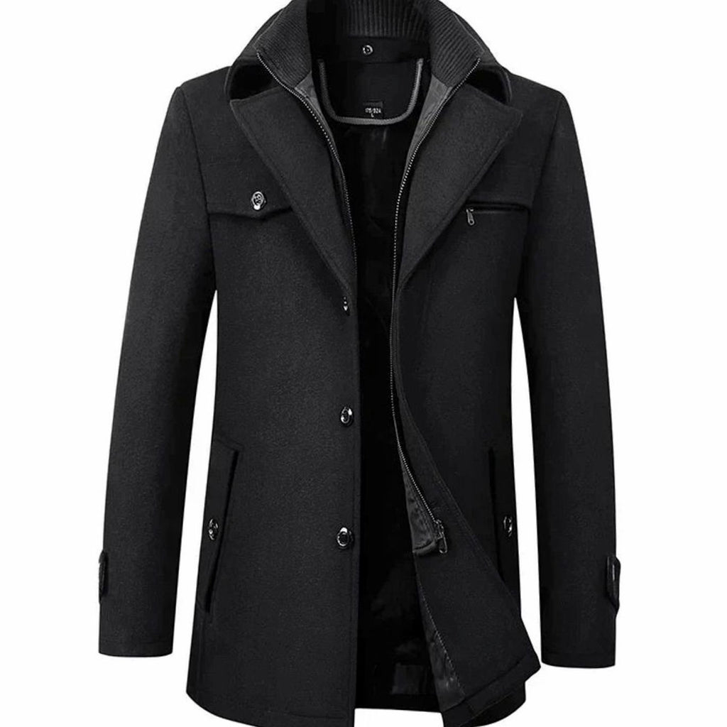 Men's Tailored Single-Breasted Button Overcoat Long Winter Wool-Blend Coat - Black