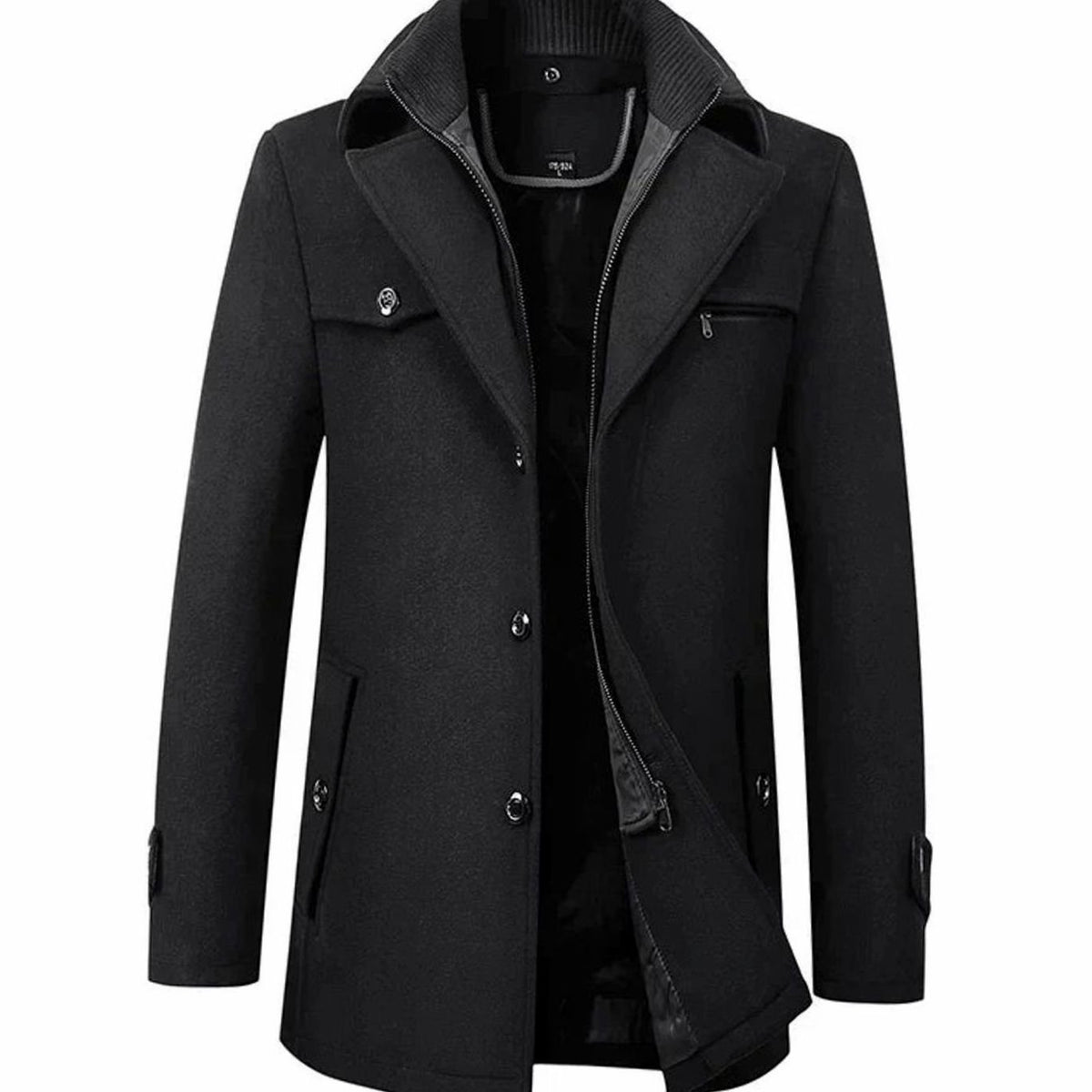 Men's Tailored Single-Breasted Button Overcoat Long Winter Wool-Blend Coat - Black