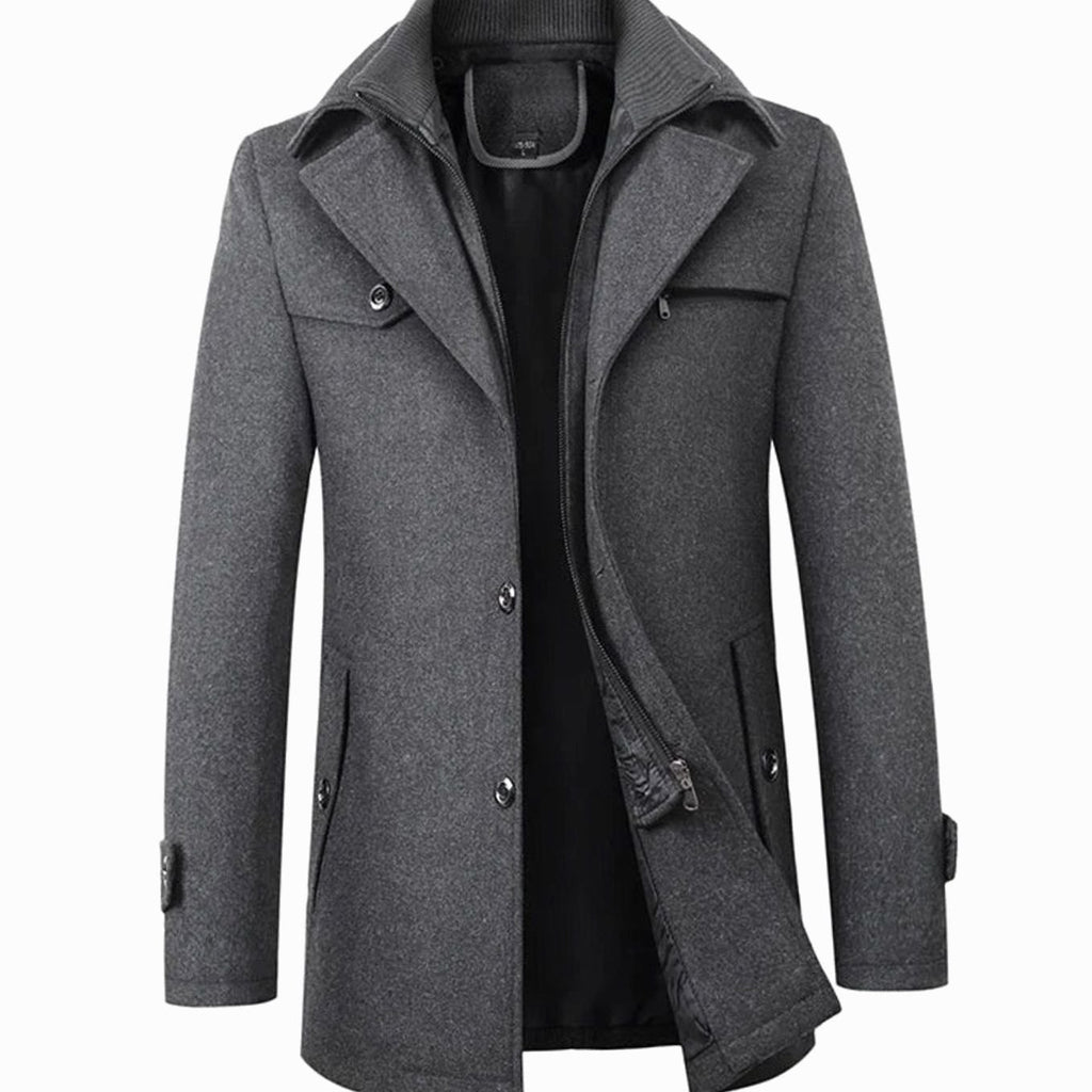 Men's Tailored Single-Breasted Button Overcoat Long Winter Wool-Blend Coat - Gray