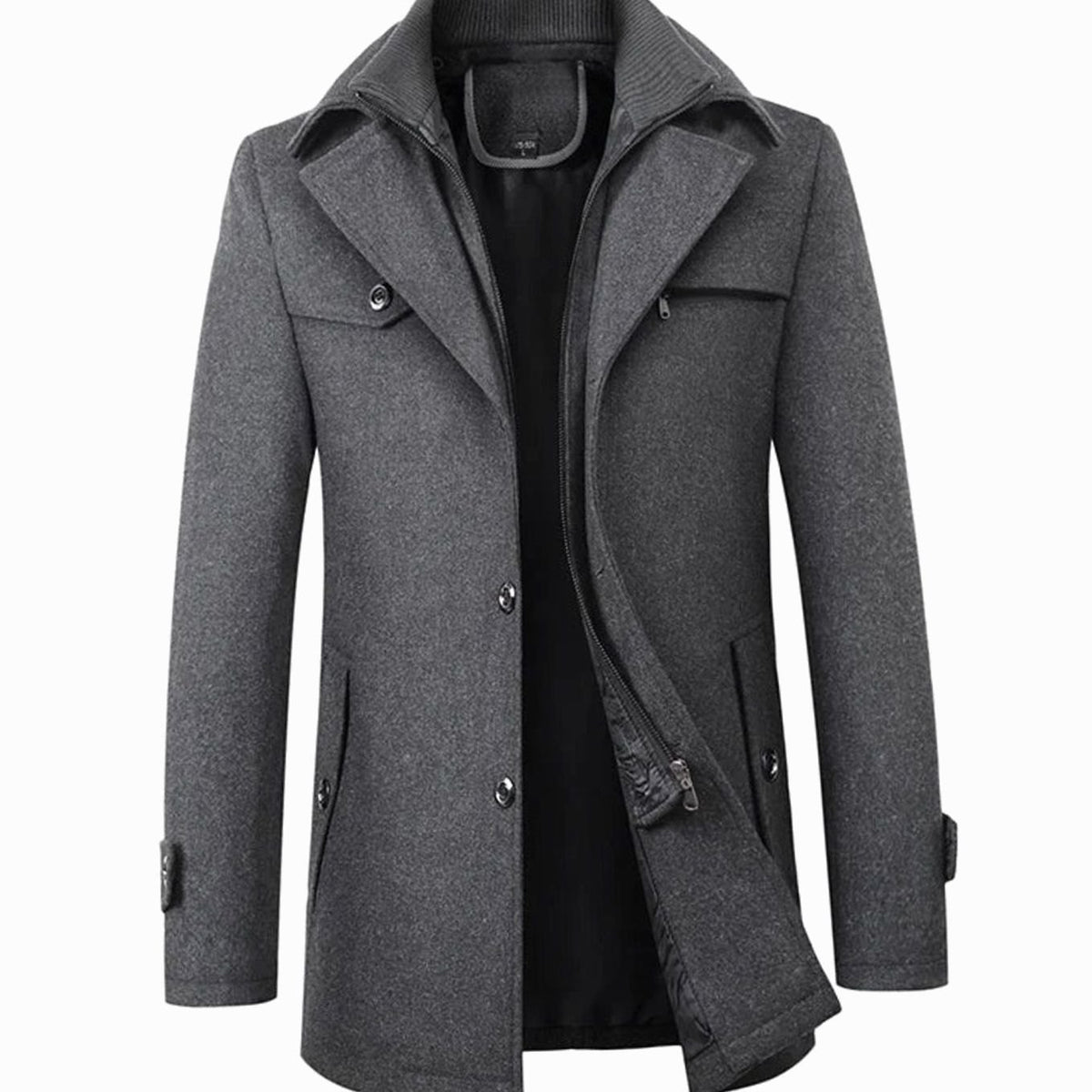 Men's Tailored Single-Breasted Button Overcoat Long Winter Wool-Blend Coat - Gray
