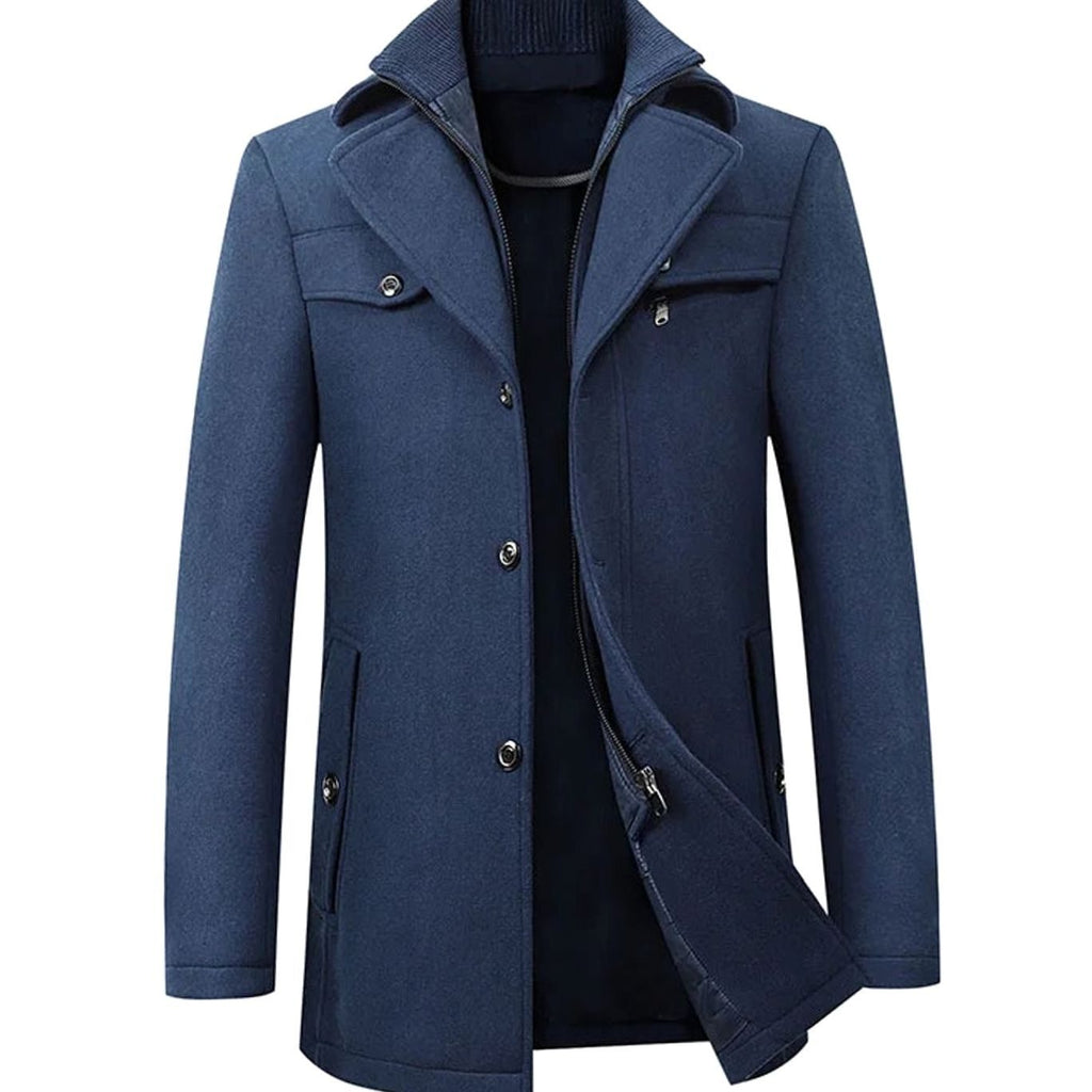 Men's Tailored Single-Breasted Button Overcoat Long Winter Wool-Blend Coat - Navy Blue
