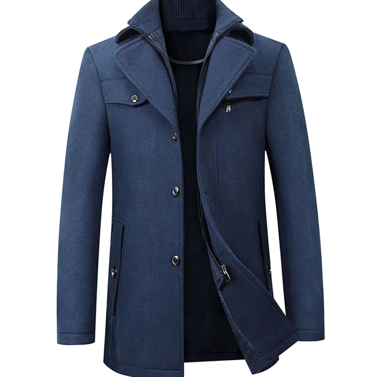 Men's Tailored Single-Breasted Button Overcoat Long Winter Wool-Blend Coat - Navy Blue