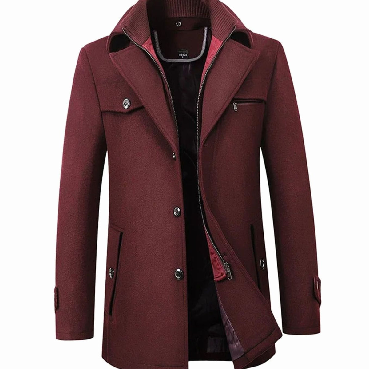 Men's Tailored Single-Breasted Button Overcoat Long Winter Wool-Blend Coat - Burgundy