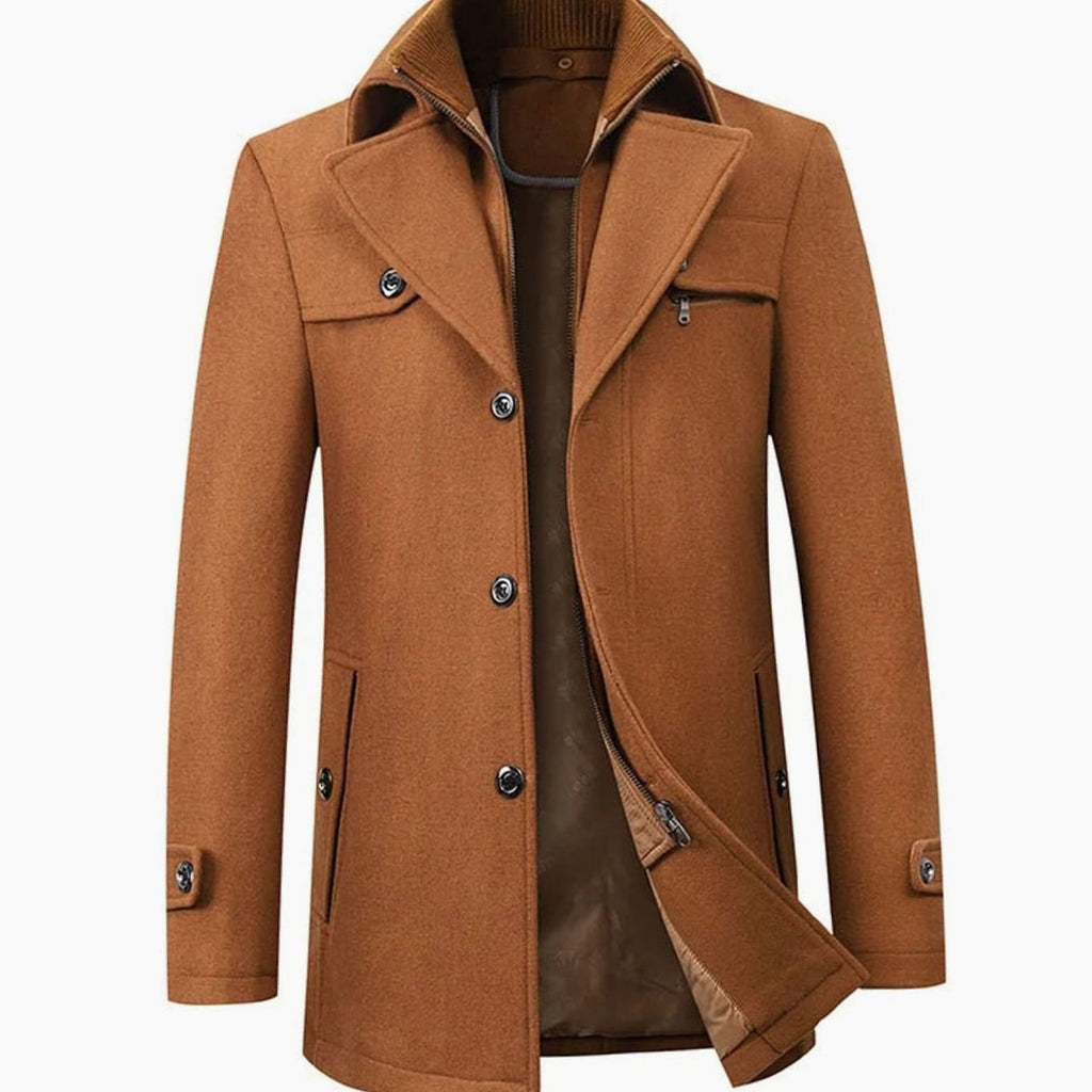 Men's Tailored Single-Breasted Button Overcoat Long Winter Wool-Blend Coat - Brown
