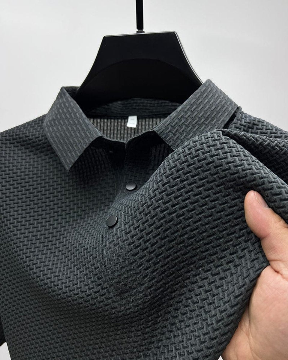 Men's Textured Mesh Button-Up Short-Sleeve Polo Shirt - Gray
