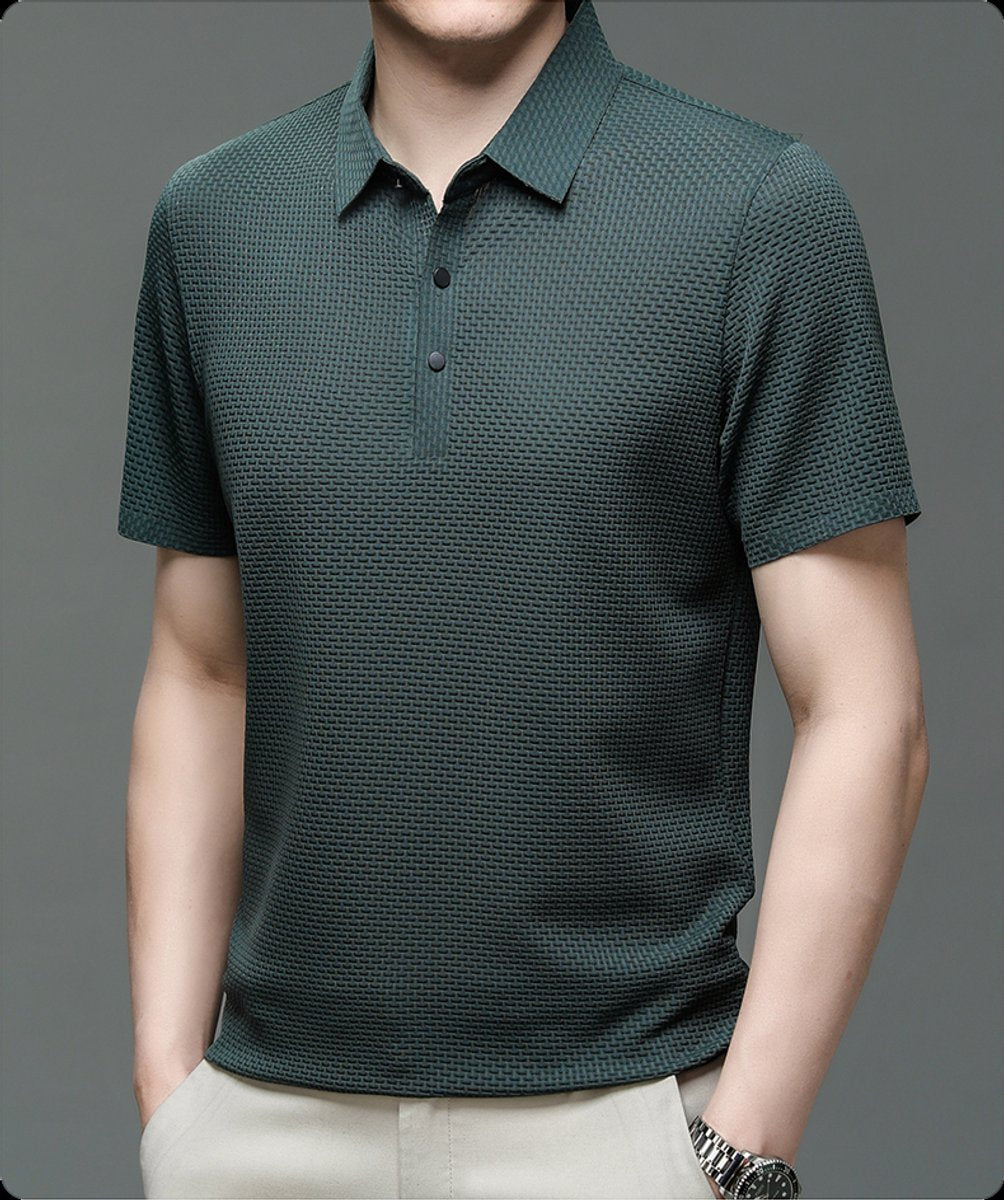 Men's Textured Mesh Button-Up Short-Sleeve Polo Shirt