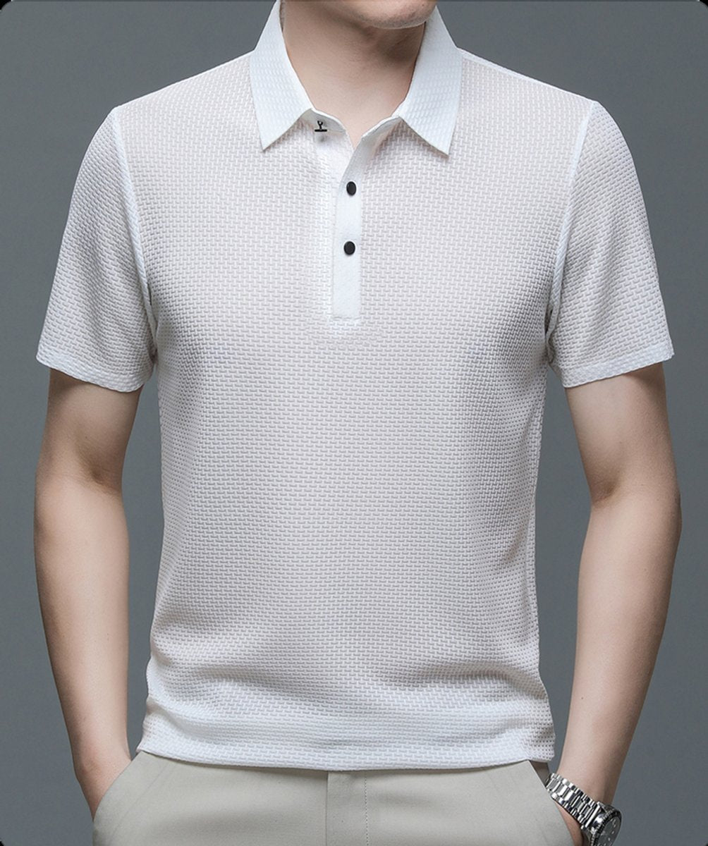 Men's Textured Mesh Button-Up Short-Sleeve Polo Shirt
