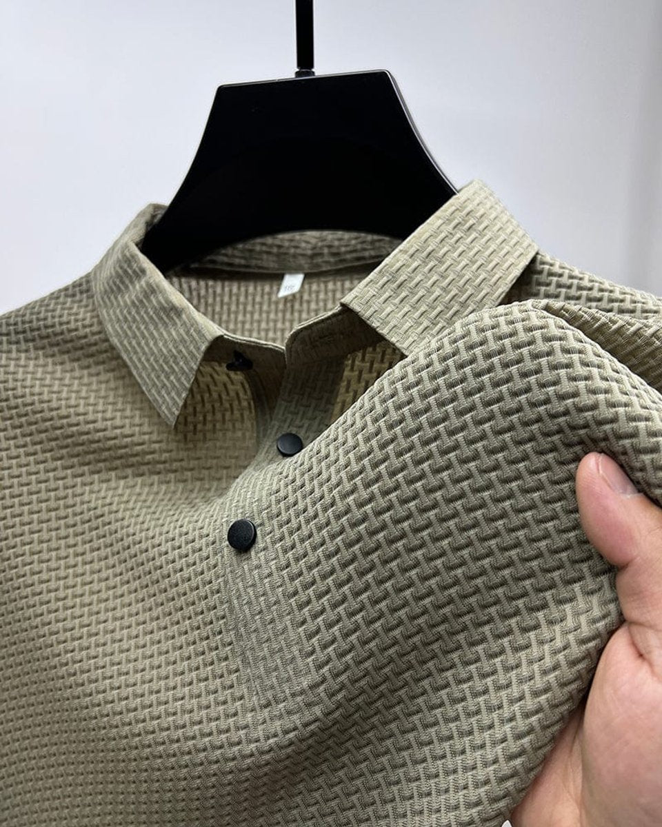 Men's Textured Mesh Button-Up Short-Sleeve Polo Shirt - Beige