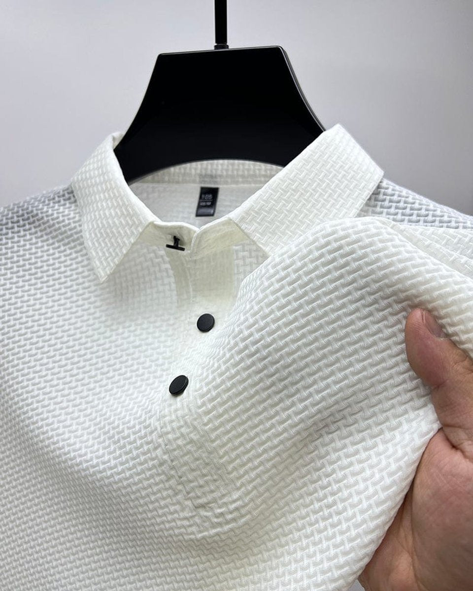 Men's Textured Mesh Button-Up Short-Sleeve Polo Shirt - White