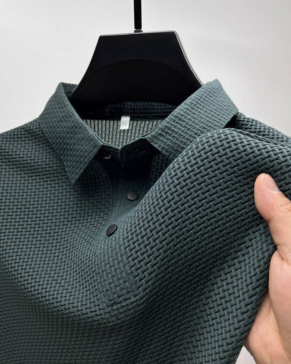 Men's Textured Mesh Button-Up Short-Sleeve Polo Shirt - Dark Green