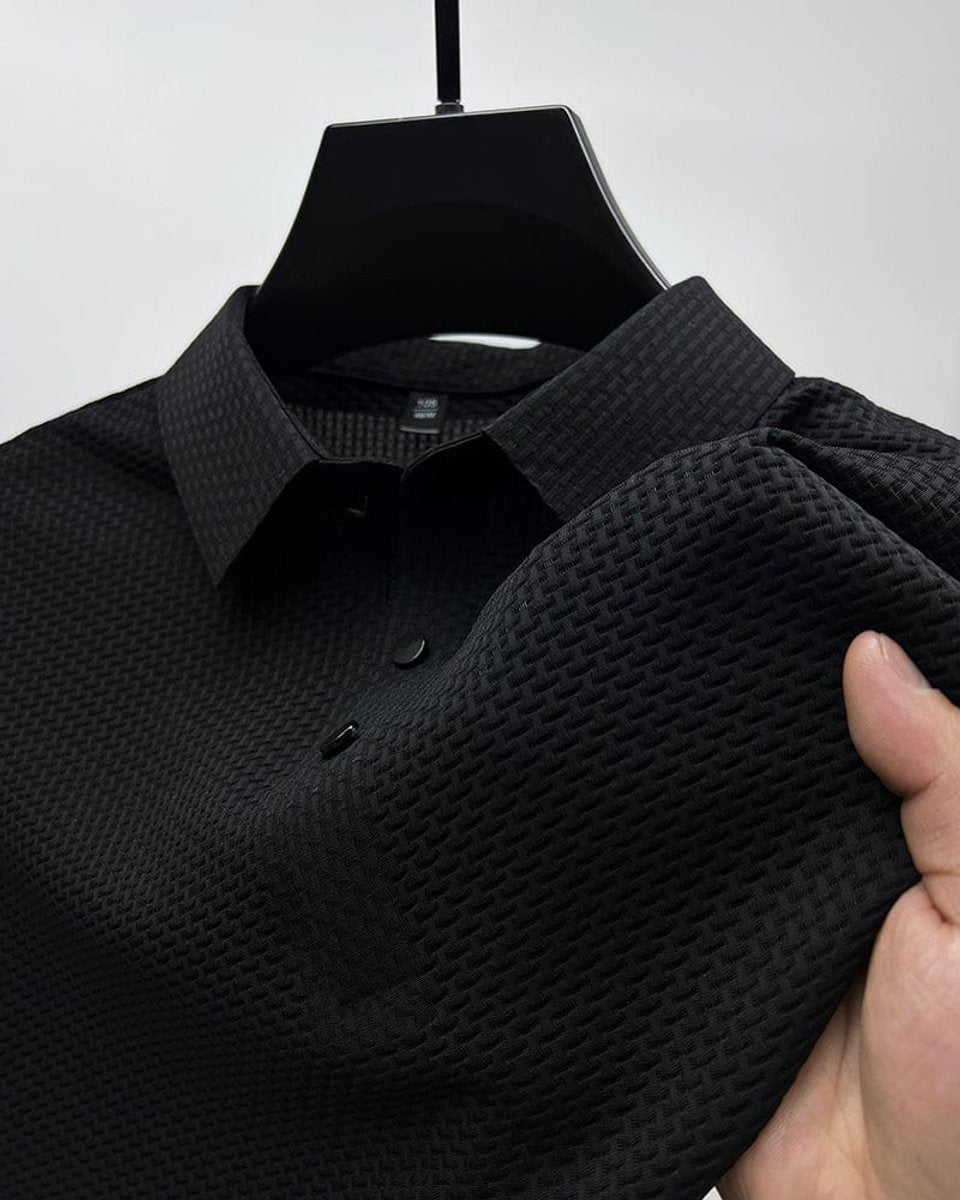 Men's Textured Mesh Button-Up Short-Sleeve Polo Shirt - Black