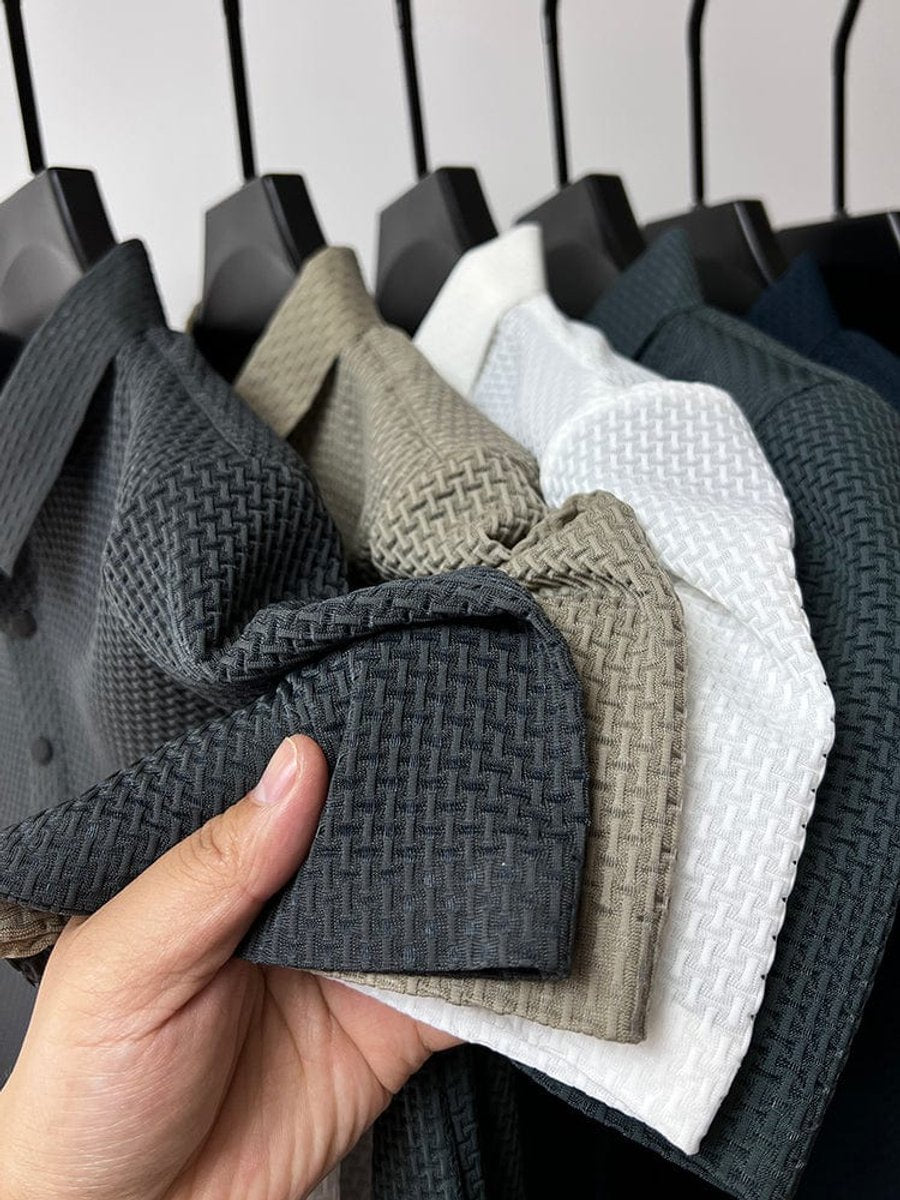 Men's Textured Mesh Button-Up Short-Sleeve Polo Shirt
