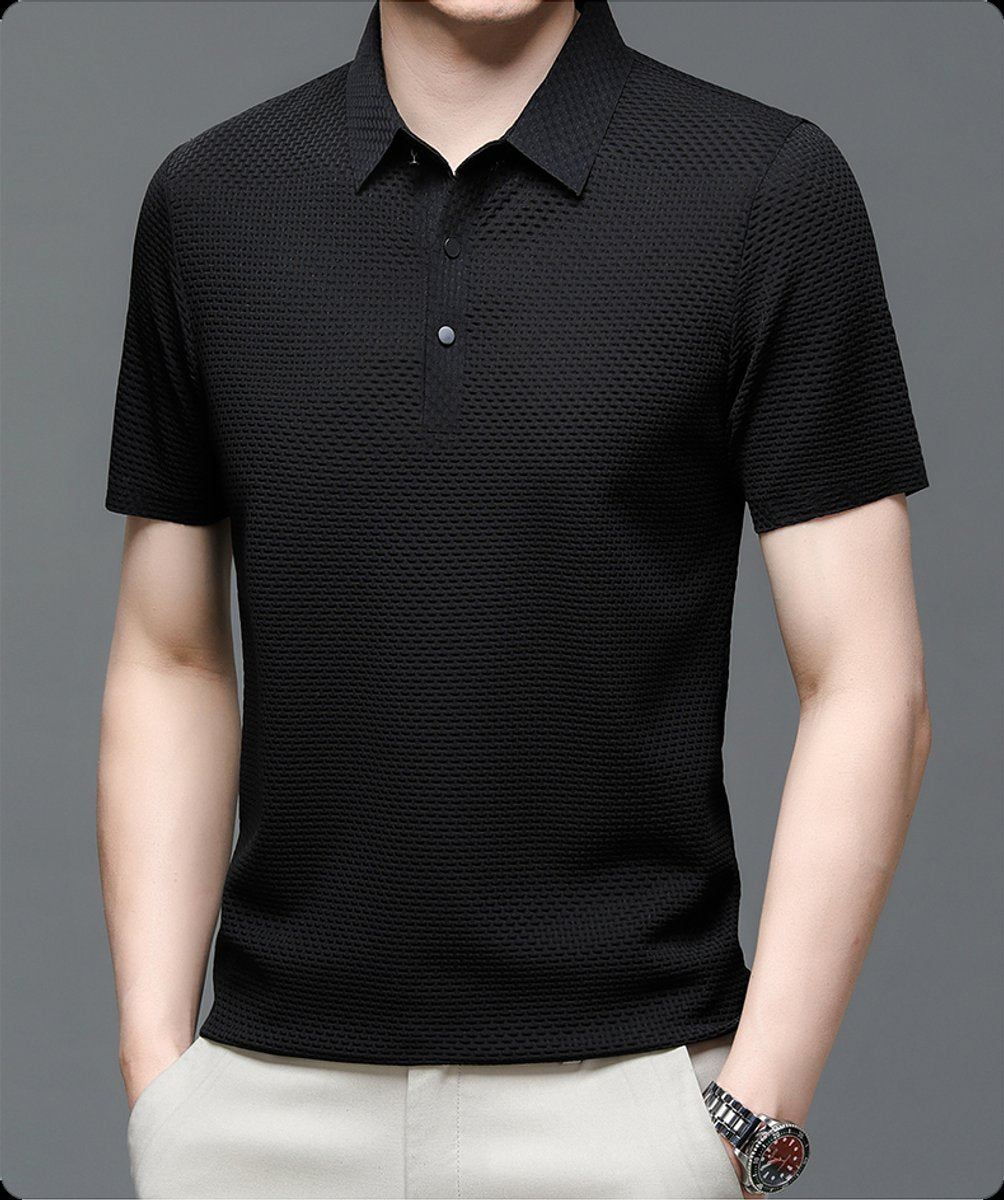Men's Textured Mesh Button-Up Short-Sleeve Polo Shirt