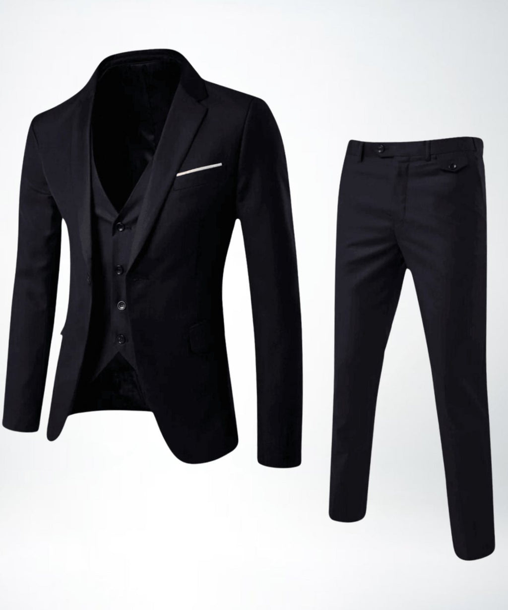 Men's Three-Piece Slim-Fit Classic Formal Suit Set - Black