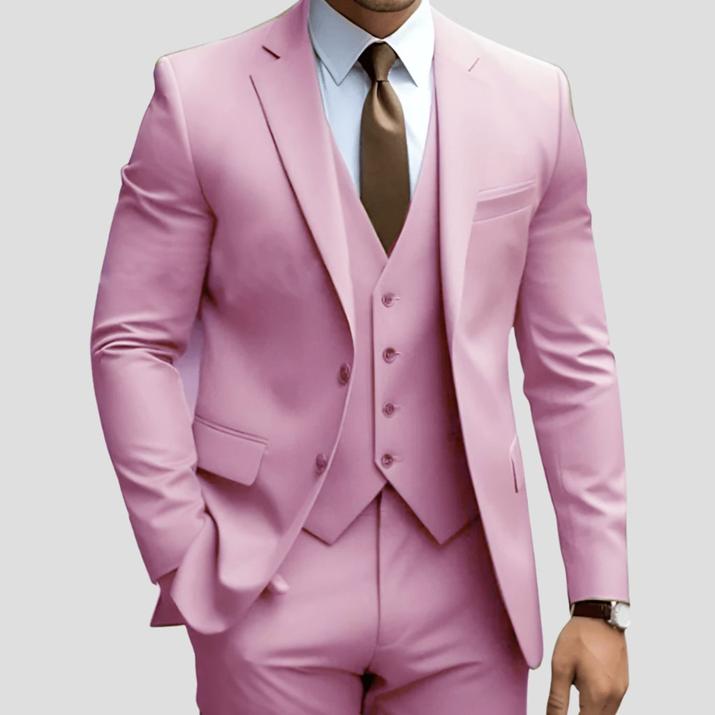 Men's Three-Piece Slim-Fit Notch-Lapel Formal Suit Set - Pink