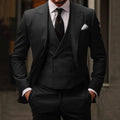 Men's Three-Piece Slim Fit Suit Tailored Jacket Vest Trousers Set - Black