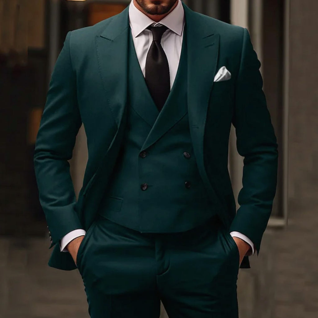 Men's Three-Piece Slim Fit Suit Tailored Jacket Vest Trousers Set - Green