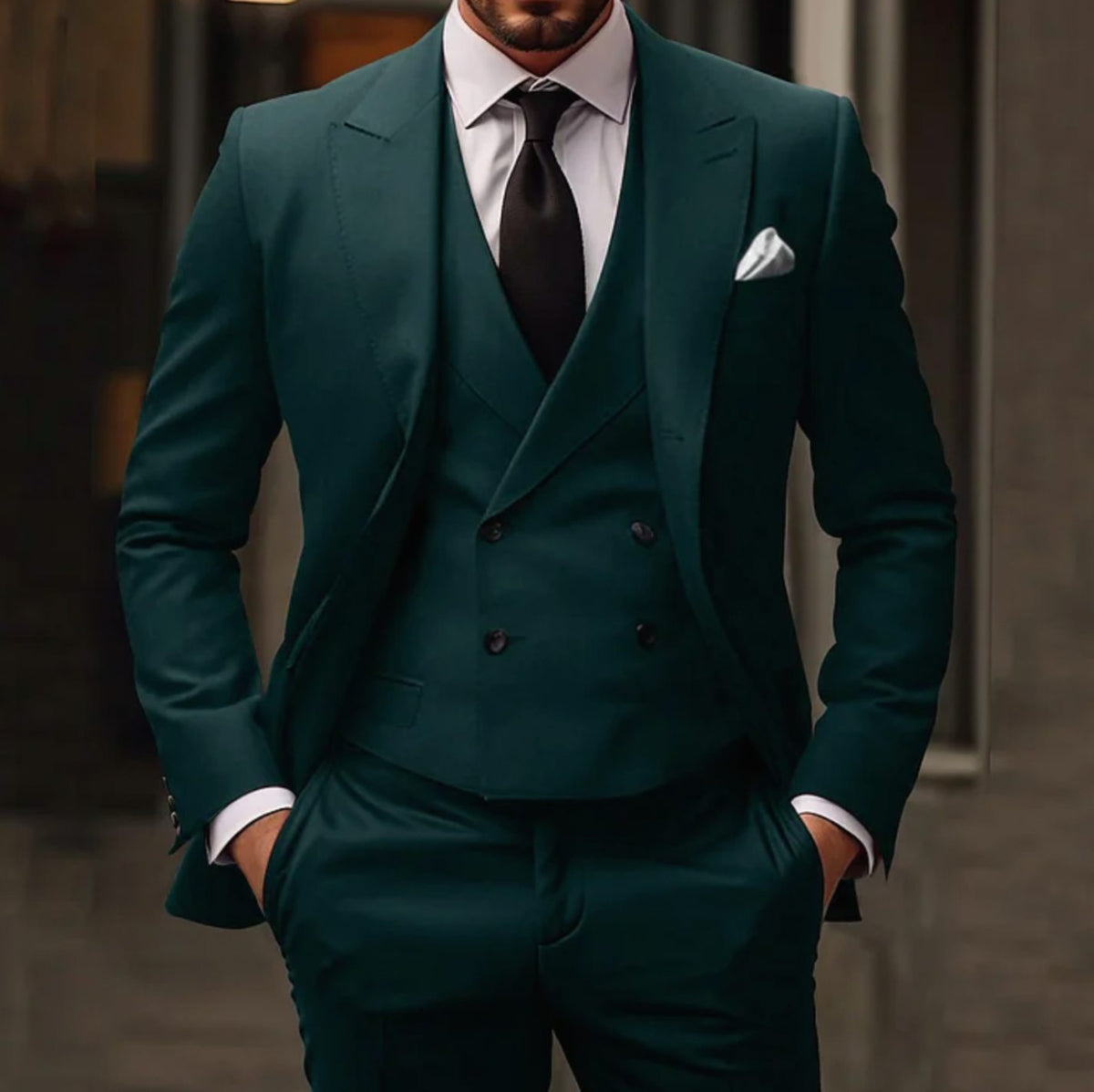 Men's Three-Piece Slim Fit Suit Tailored Jacket Vest Trousers Set - Green