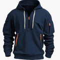 Men's Utility-Pocket Quarter-Zip Style Hoodie Long Sleeve Pullover - Dark Blue