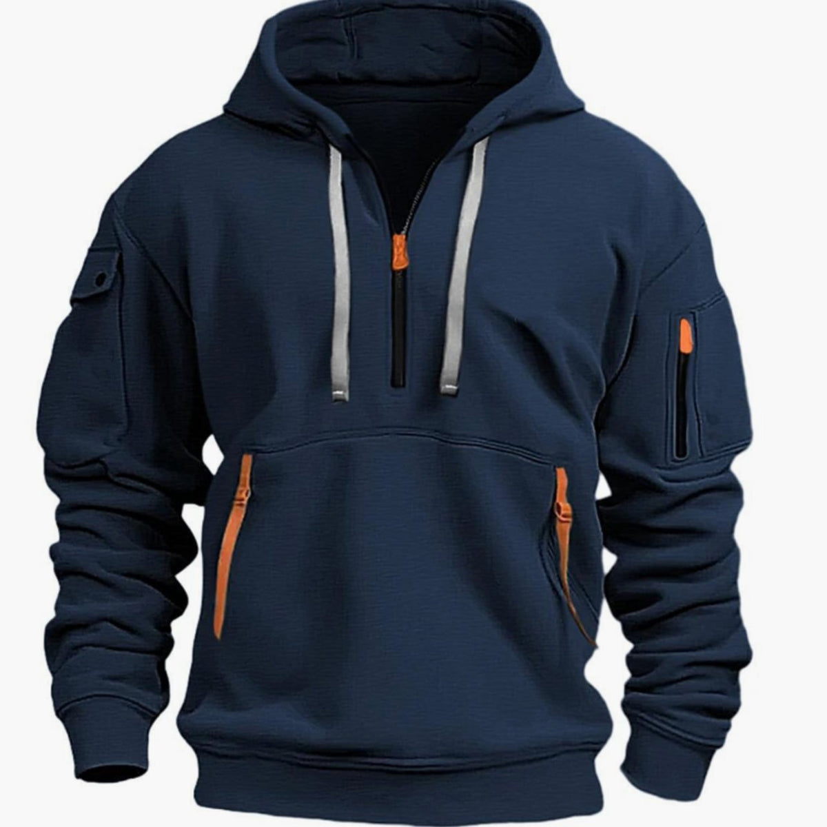 Men's Utility-Pocket Quarter-Zip Style Hoodie Long Sleeve Pullover - Dark Blue