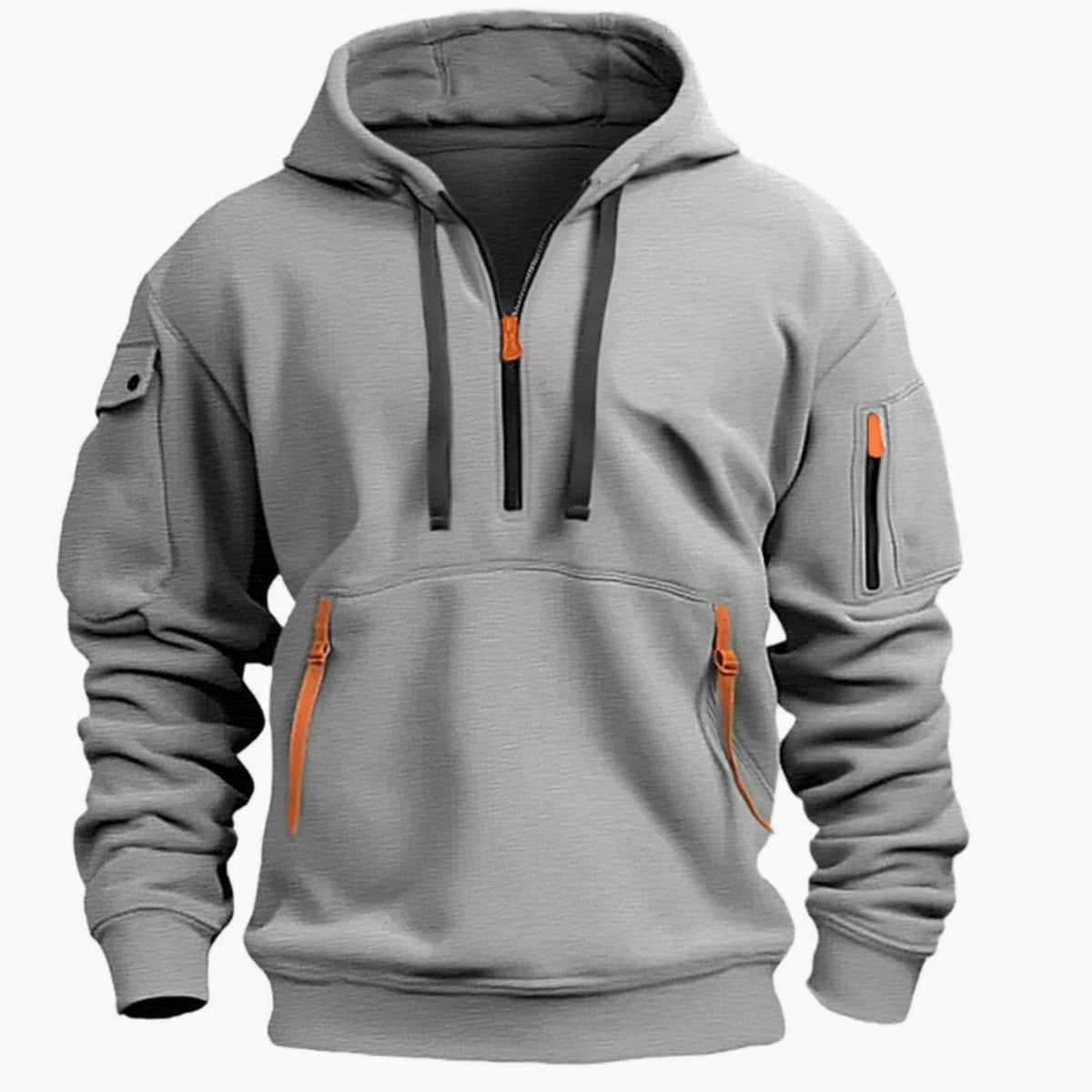 Men's Utility-Pocket Quarter-Zip Style Hoodie Long Sleeve Pullover - Light Gray