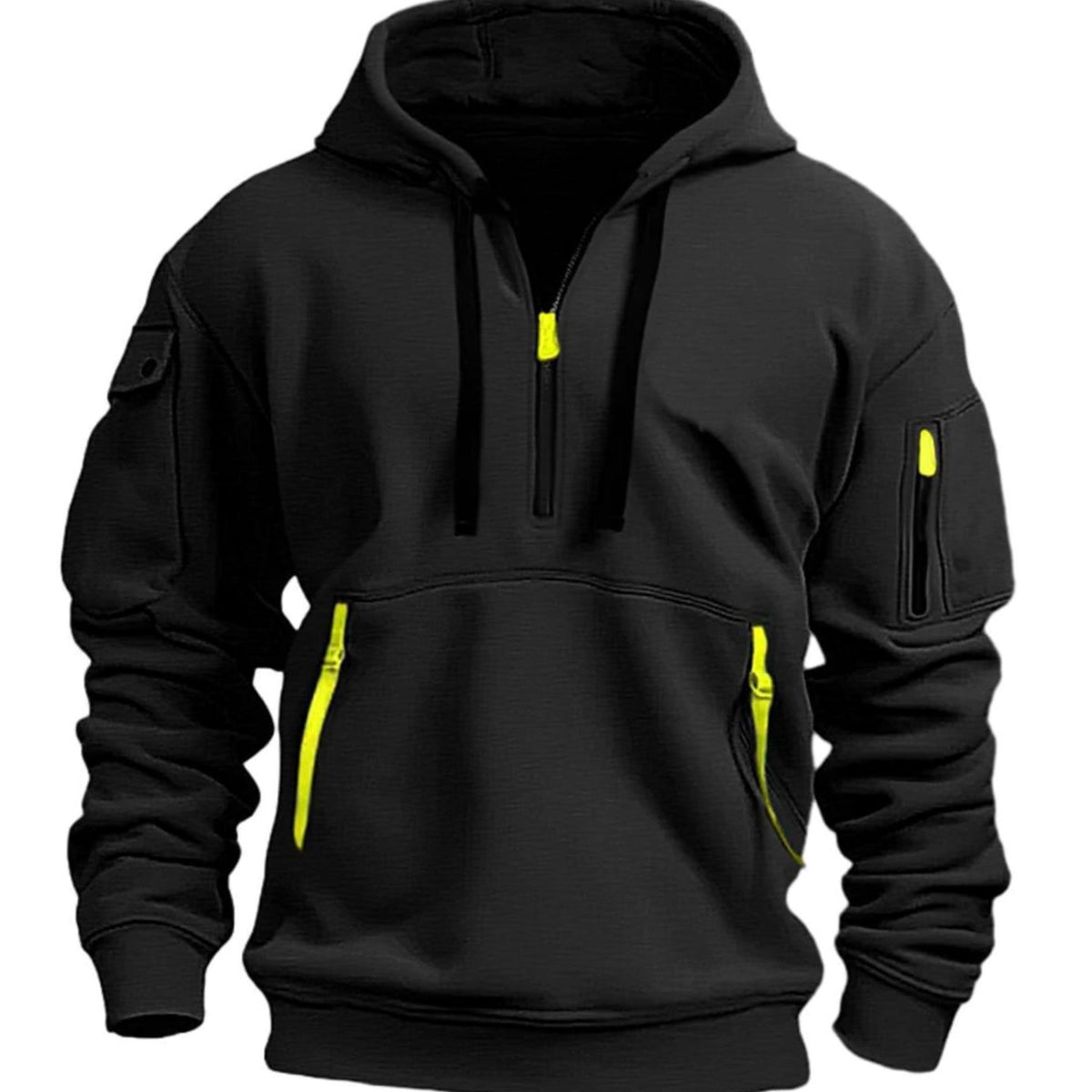 Men's Utility-Pocket Quarter-Zip Style Hoodie Long Sleeve Pullover - Black