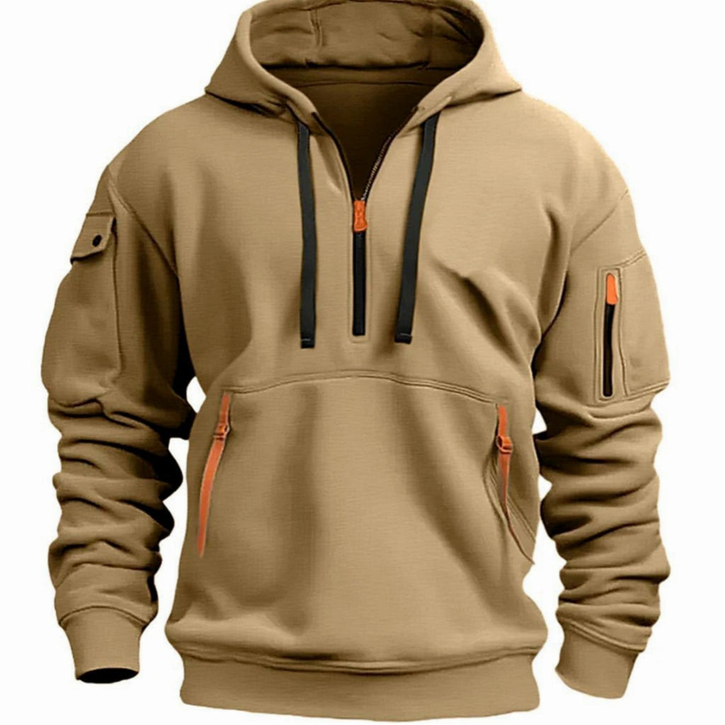 Men's Utility-Pocket Quarter-Zip Style Hoodie Long Sleeve Pullover - Khaki