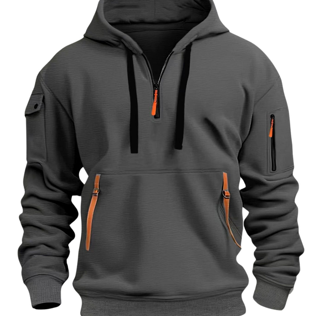 Men's Utility-Pocket Quarter-Zip Style Hoodie Long Sleeve Pullover - Dark Gray