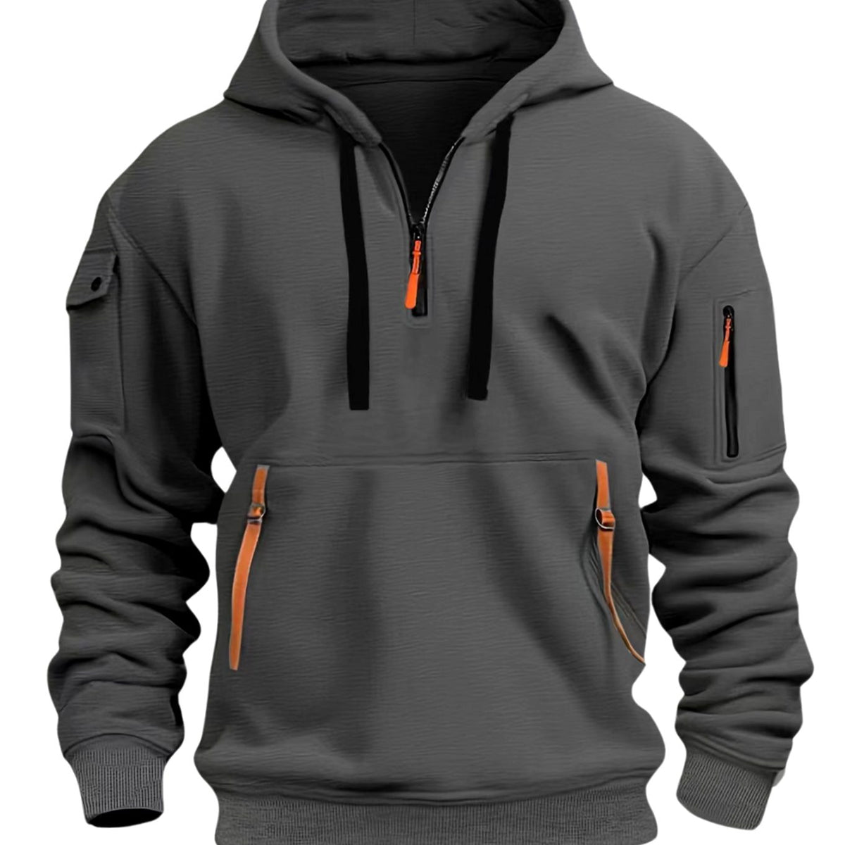 Men's Utility-Pocket Quarter-Zip Style Hoodie Long Sleeve Pullover - Dark Gray