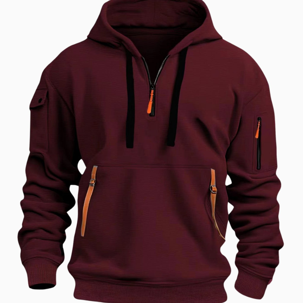 Men's Utility-Pocket Quarter-Zip Style Hoodie Long Sleeve Pullover - Red