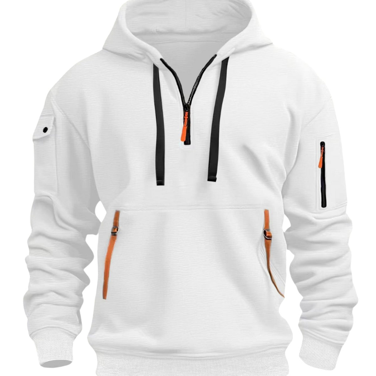 Men's Utility-Pocket Quarter-Zip Style Hoodie Long Sleeve Pullover - White