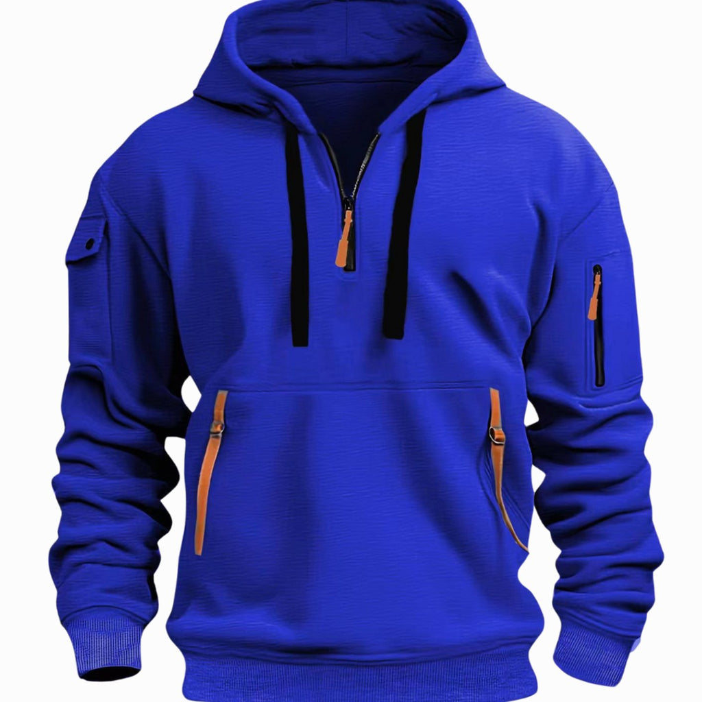 Men's Utility-Pocket Quarter-Zip Style Hoodie Long Sleeve Pullover - Blue
