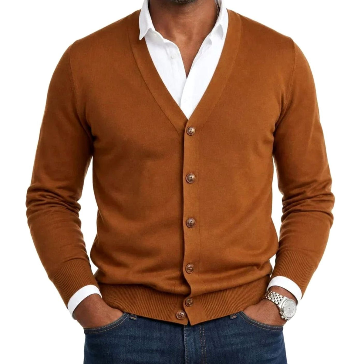 Men's V-Neck Button-Front Knit Cardigan Sweater - Brown