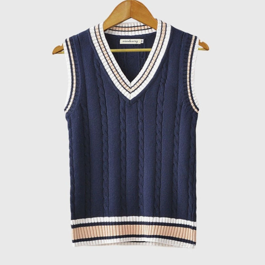 Men's V-Neck Cable Knit Striped-Trim Sleeveless Sweater Vest - Blue