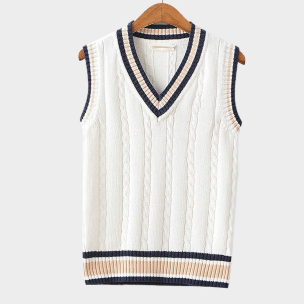 Men's V-Neck Cable Knit Striped-Trim Sleeveless Sweater Vest - White