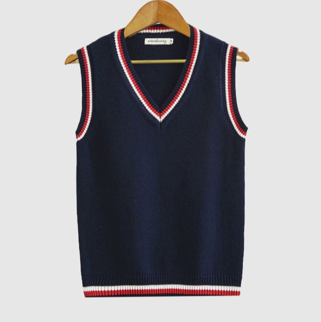 Men's V-Neck Cable Knit Striped-Trim Sleeveless Sweater Vest - Dark Blue