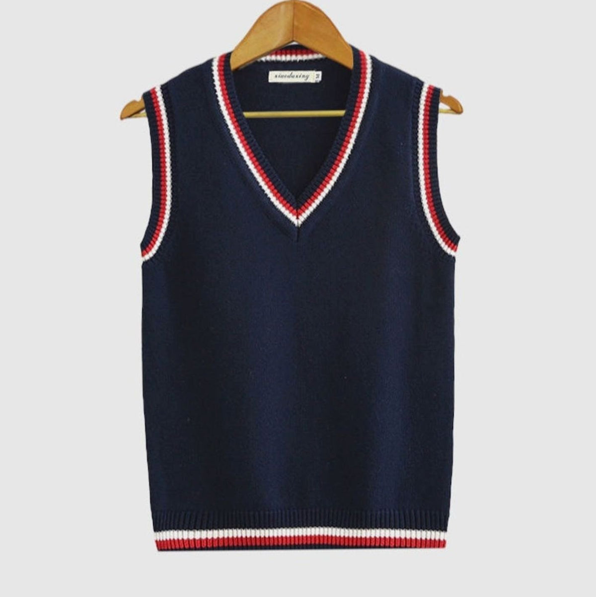 Men's V-Neck Cable Knit Striped-Trim Sleeveless Sweater Vest - Dark Blue