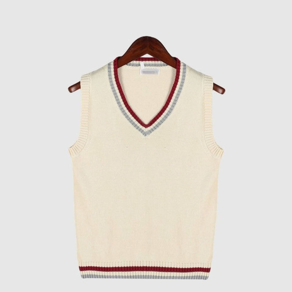 Men's V-Neck Cable Knit Striped-Trim Sleeveless Sweater Vest - Beige