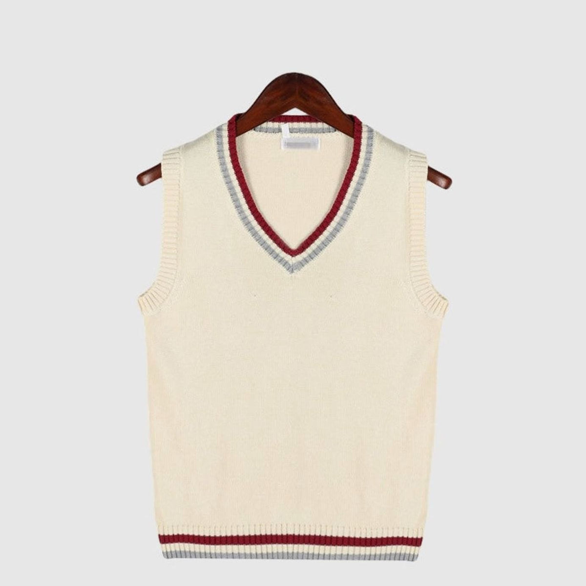 Men's V-Neck Cable Knit Striped-Trim Sleeveless Sweater Vest - Beige