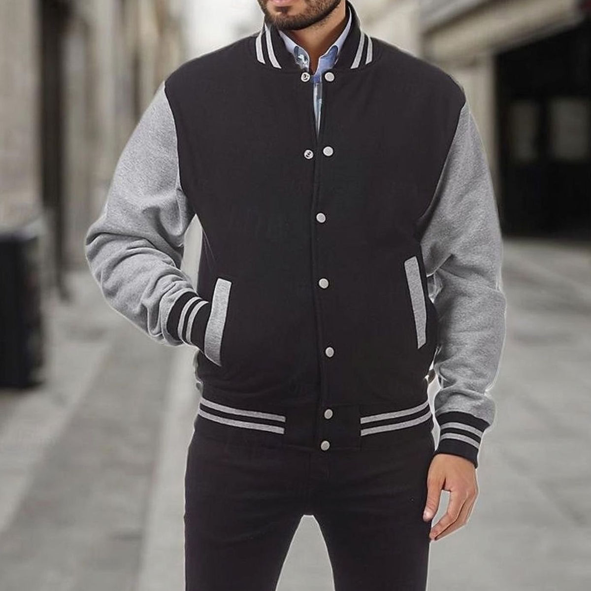 Men's Varsity Bomber Jacket Snap-Button Ribbed-Collar Regular Fit - Light Grey