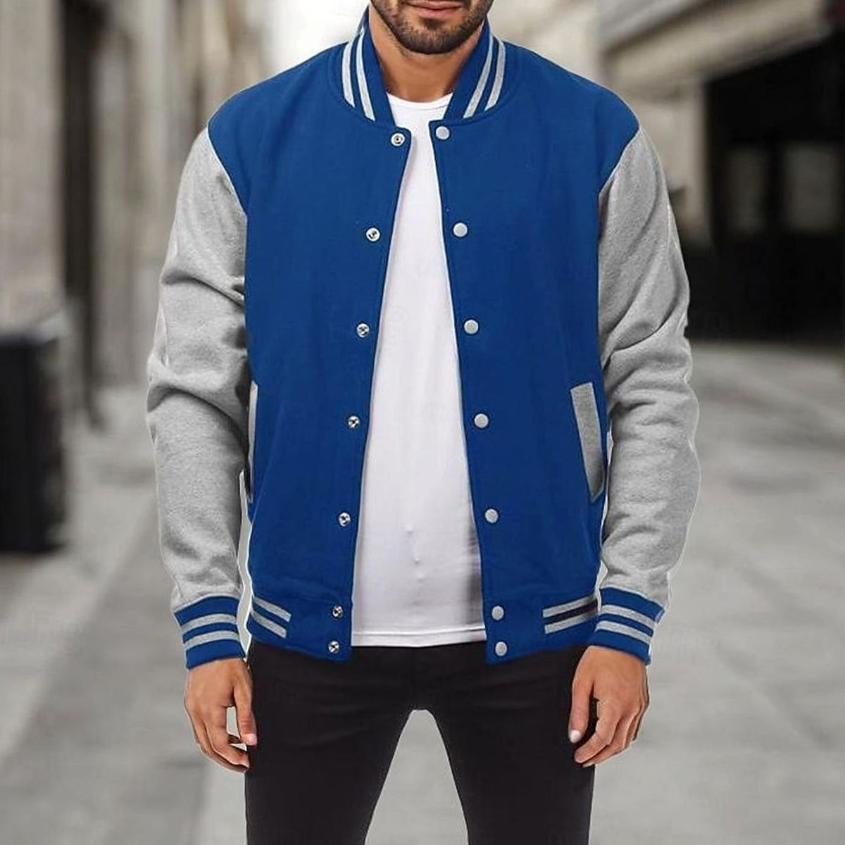 Men's Varsity Bomber Jacket Snap-Button Ribbed-Collar Regular Fit - Royal Blue