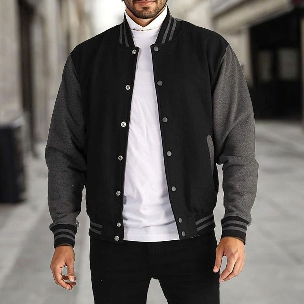 Men's Varsity Bomber Jacket Snap-Button Ribbed-Collar Regular Fit - Black