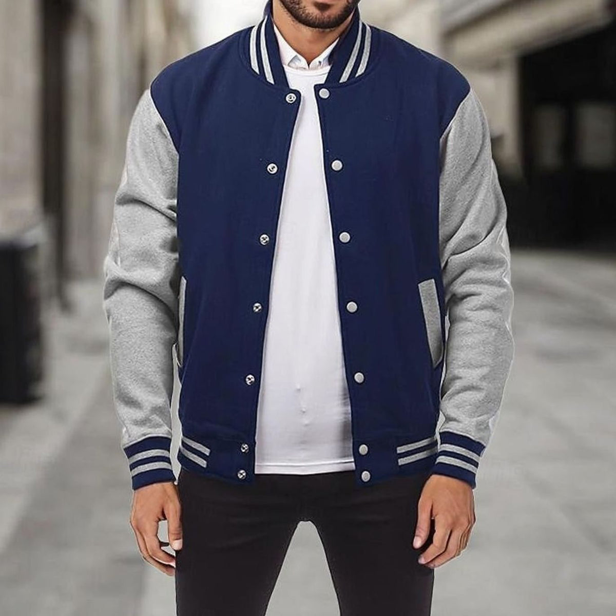 Men's Varsity Bomber Jacket Snap-Button Ribbed-Collar Regular Fit - Navy Blue