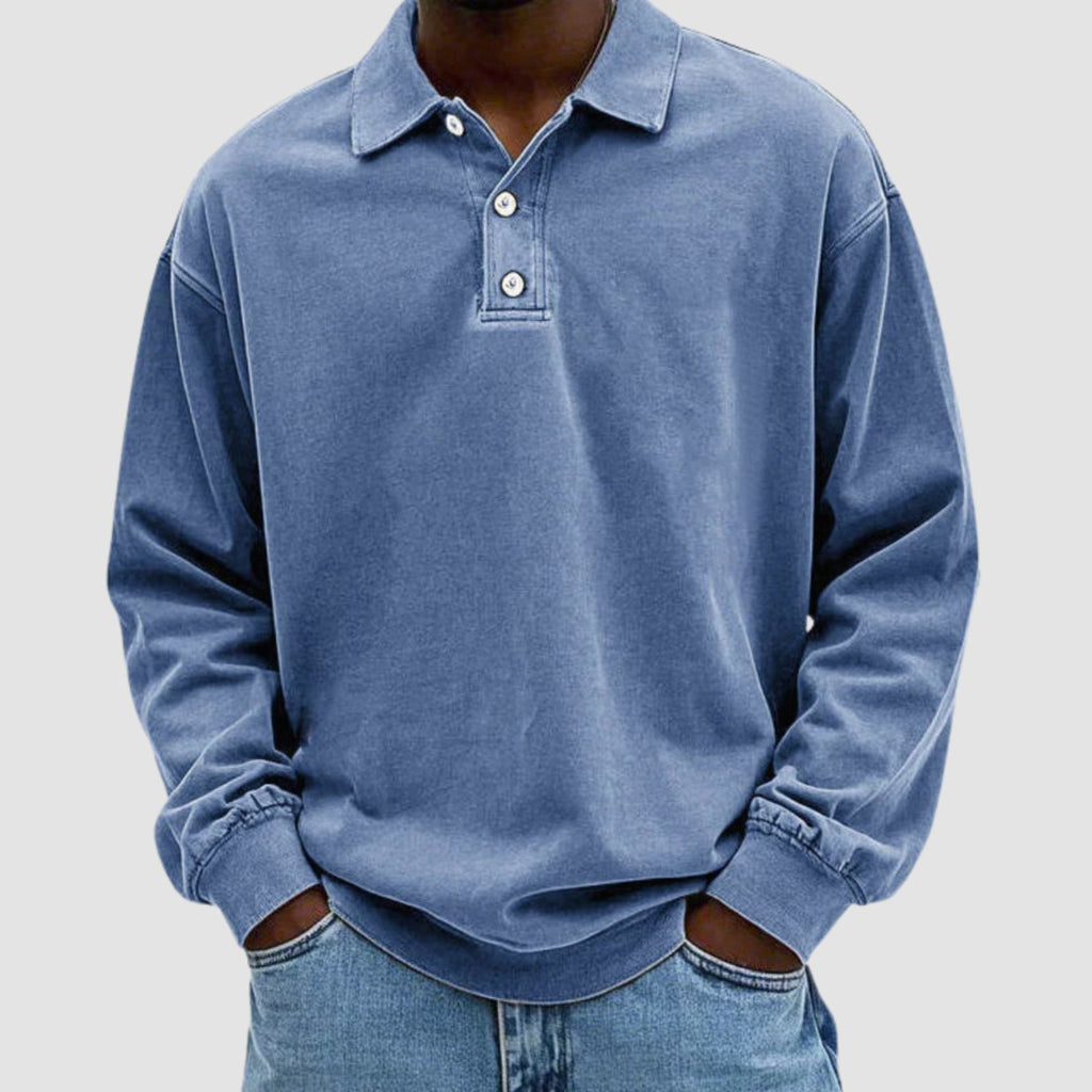 Men's Vintage Long Sleeve Polo Shirt Relaxed-Fit Button Collar - Blue