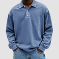 Men's Vintage Long Sleeve Polo Shirt Relaxed-Fit Button Collar - Blue