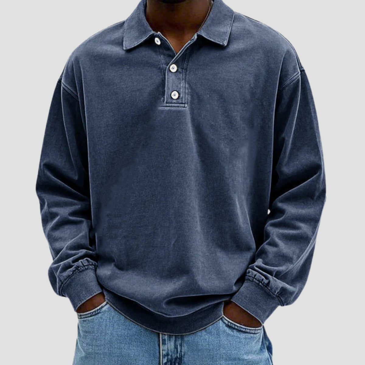 Men's Vintage Long Sleeve Polo Shirt Relaxed-Fit Button Collar - Navy Blue