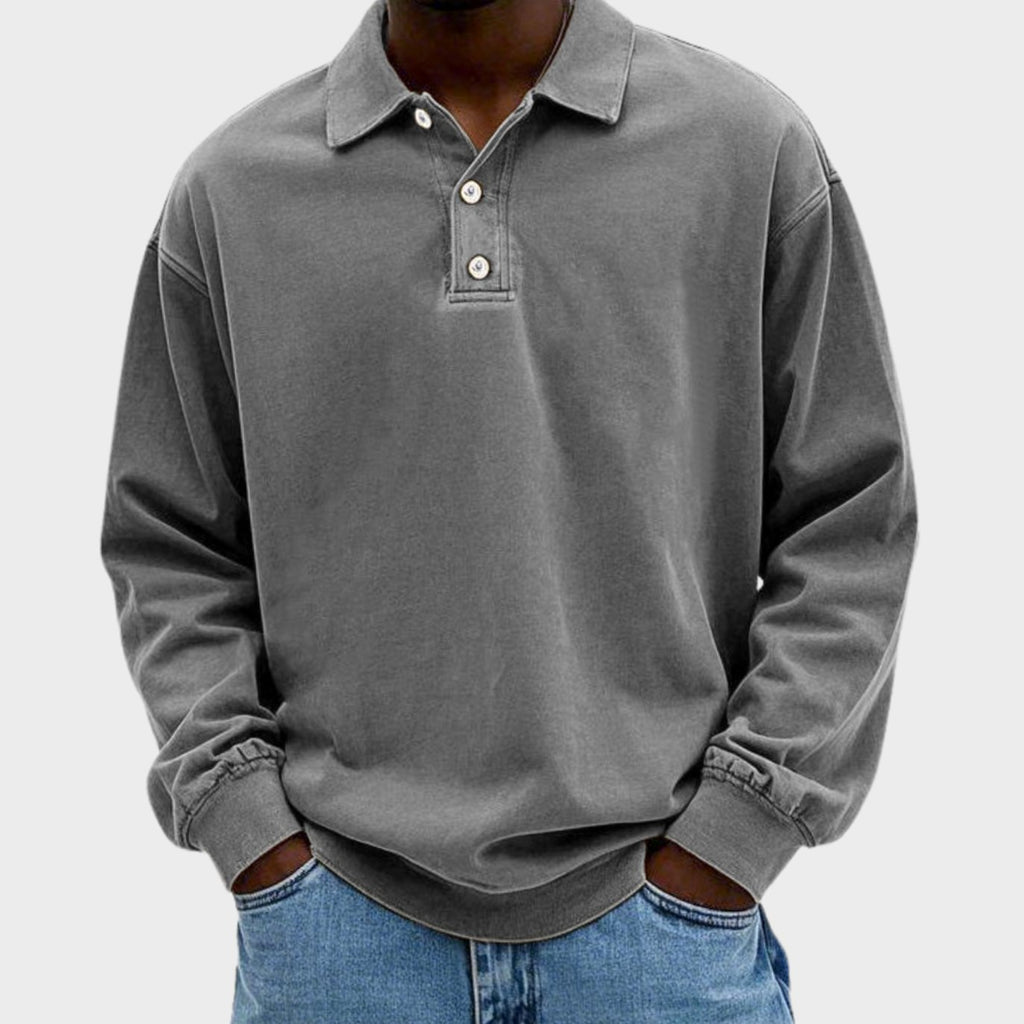 Men's Vintage Long Sleeve Polo Shirt Relaxed-Fit Button Collar - Gray