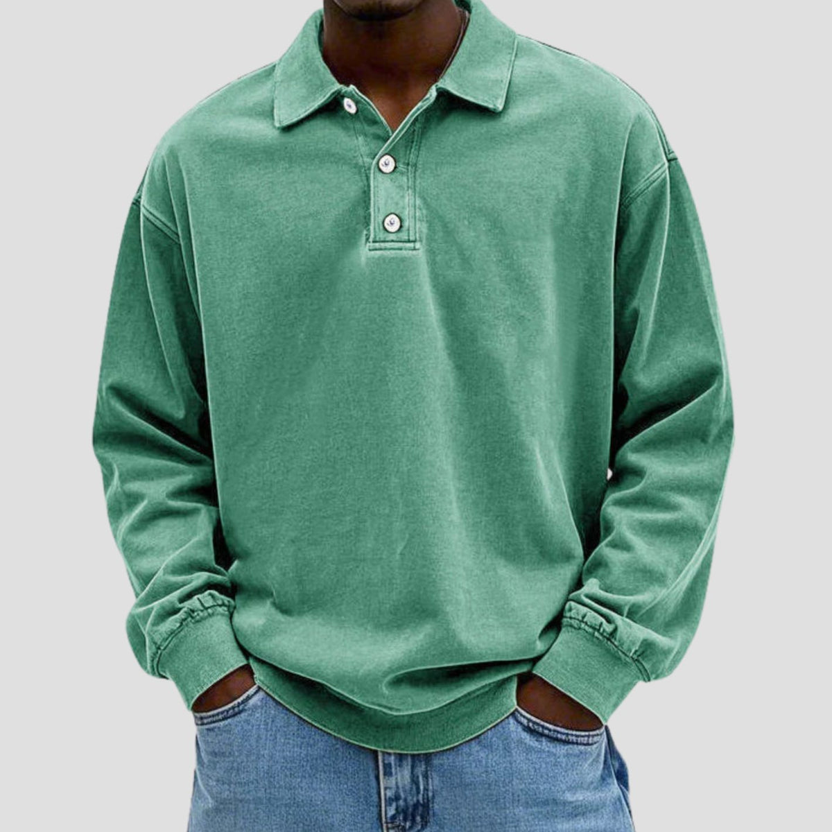 Men's Vintage Long Sleeve Polo Shirt Relaxed-Fit Button Collar - Green