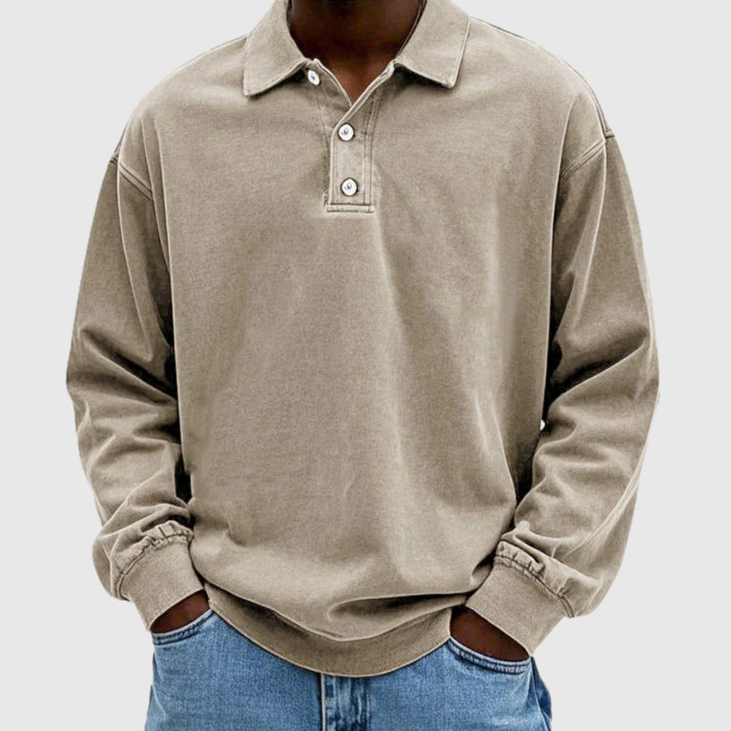Men's Vintage Long Sleeve Polo Shirt Relaxed-Fit Button Collar - Khaki