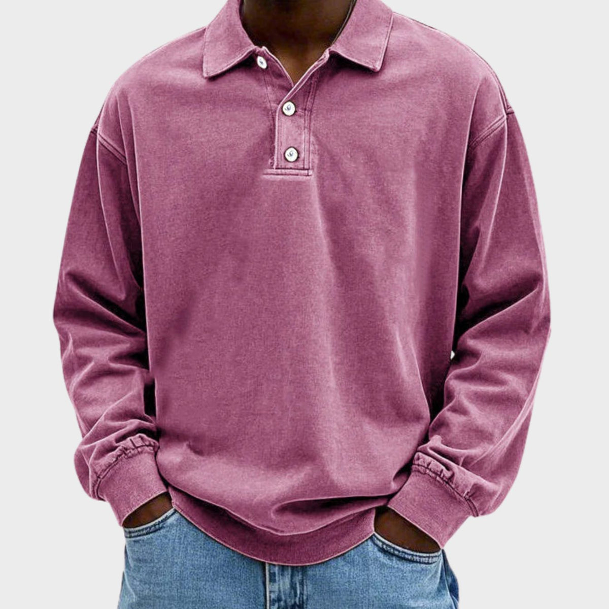 Men's Vintage Long Sleeve Polo Shirt Relaxed-Fit Button Collar - Pink